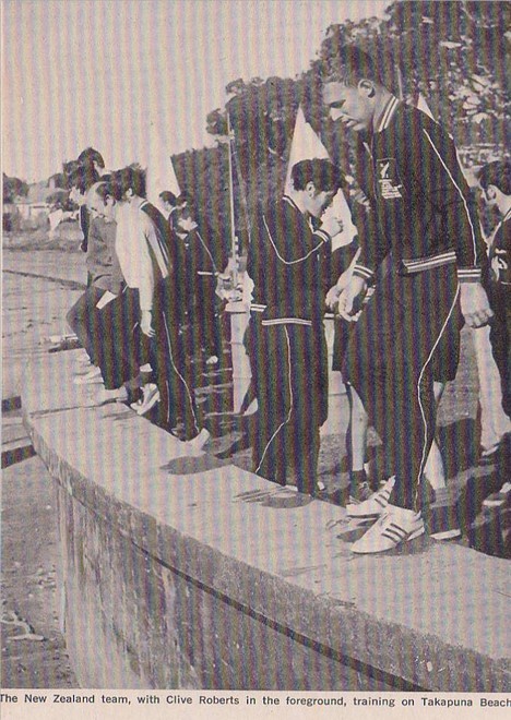 Clive Roberts at a Sunday morning fitness session at Takapuna, for all the NZ team, before the 1970 OK Worlds at Takapuna. © Sea Spray